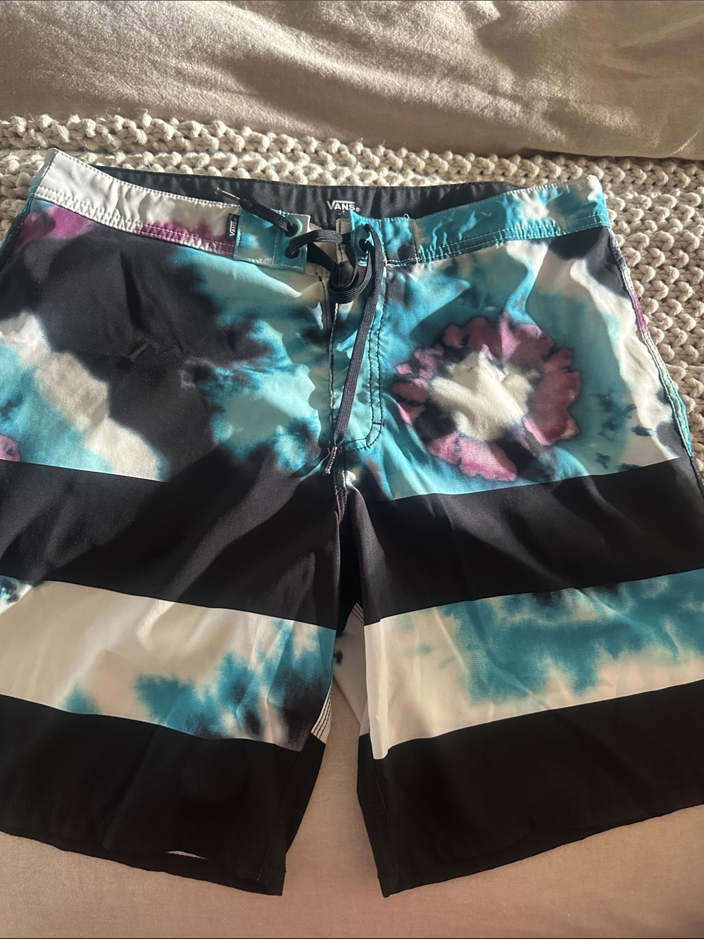 Vans Men’s Black, Blue & White Tie-Dye Stripe Board Shorts